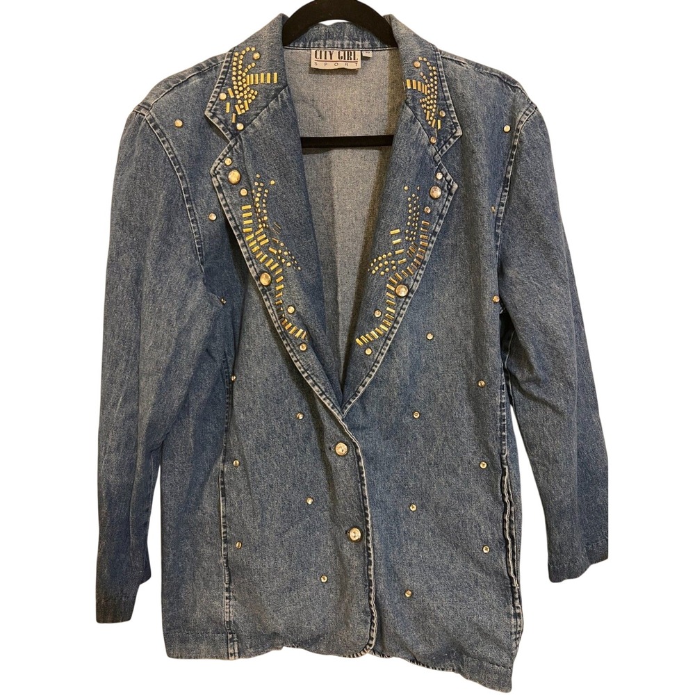 City Girl Sport Vintage Denim Blazer Studded Rhinestone Embellished Blue Jacket
